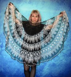 Black and white crochet shawl, Warm Russian Orenburg shawl, Goat wool wrap, Downy cape, Hand knit cover up, Stole, Scarf