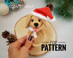 Crochet Christmas Pattern baby rattle dog Labrador Retriever in red santa cap, amigurumi Pattern on the first Christmas