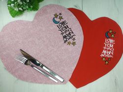Heart placemats set of 4 or 2, valentine's day table decor, round placemats washable, love you to the moon and back