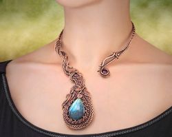Labradorite and red garnets necklace / Unique wire wrapped copper collar necklace for woman