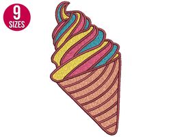 Cute Ice Cream Cone machine embroidery design, Digital download