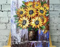 Sunflower Painting Flower Original Art Fall Tree Painting Yellow Flower Impasto Painting 18*22 MyrikArt