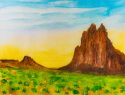 Shiprock original watercolor painting New Mexico desert landscape wall art sunset artwork