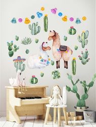 Vinyl stickers Alpaca Wall Decals  Cactus Rainbow Wall Stickers Baby Home Room Nursery DIY Decorative Adhesive Art Wall