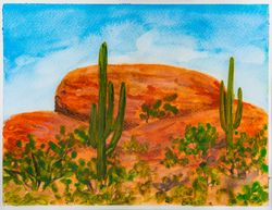Arizona desert original watercolor painting Saguaro desert landscape red rocks artwork Tucson wall art