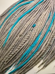 Wool dreads . Grey Sky blue dreadlock extensions Double ended  full set dreads