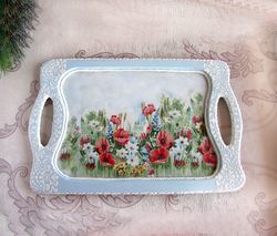 Coffee tray,Serving tray,Wooden tray, Coffee Cup tray, Rustic tray,poppies tray