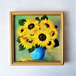 Sunflower bouquet painting, Sunflowers impasto painting wall decor, Yellow flowers painting original artwork