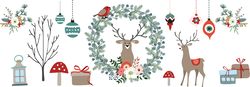 Christmas, Holiday, New year pattern with forest animals and flowers.