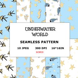 Buy Hand Drawn Seamless Patterns With Fishes, Starfish and Seahorse. Underwater world Seamless Pattern.