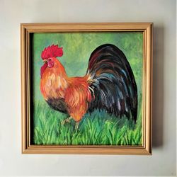 Rooster painting, Farm bird original art, Farm animal acrylic painting, Chicken portrait