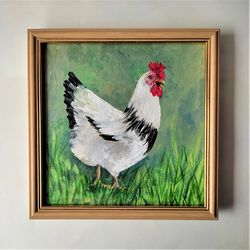 Chicken painting, Original art farm bird wall decor, Impasto artwork farmhouse decor, Chicken portrait