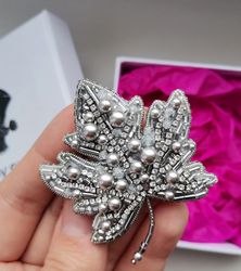 Silver Maple leaf jewelry brooch beaded