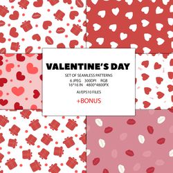Valentine's day digital seamless patterns for printing, textiles, gift wrapping, etc.