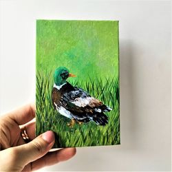 Duck small painting, Farm animal impasto painting, Rustic framed wall decor, Bird art