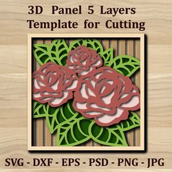3D Panel, Multilayered Papercut, Rose flowers greeting card. Cut files for laser CNC cutting, Cricut. Diy craft  stencil