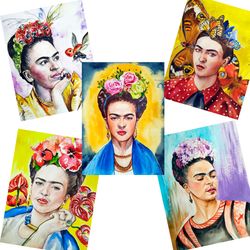 Frida Kahlo five watercolor portraits set, Feminist gift, Watercolor Frida portrait, mexican folk art, Digital item