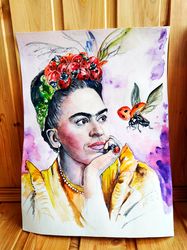 Frida Kahlo watercolor portrait, Feminist gift, Printable portrait of Frida Kahlo with ladybugs, DIGITAL ITEM