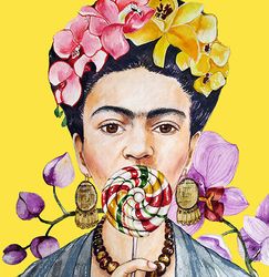 Frida Kahlo with lollipop and orchids, Feminist gift, Watercolor Frida portrait, mexican folk art, Digital item