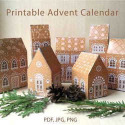 Printable Advent calendar with Christmas Gingerbread paper houses in PDF, PNG and JPG formats