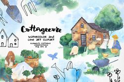 Cottagecore farm clipart, Summer country house illustrations, Watercolor garden landscape scene creator clip art