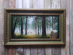 Original oil painting with wolf in the forest, ghost art, Fantasy forest creature