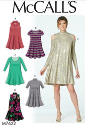 PDF Patterns Mc Calls 7622 Misses' Knit Swing Dresses with Neckline and Sleeve Variations