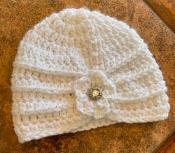 Newborn Crocheted Turban Hat, Sparkle White Baby Winter Beanie with Rhinestone Button