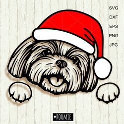 Christmas Shih Tzu with Santa hat svg, New year dog, Peeking dog, Car Decal Clipart Vector Cut file Vinyl /188