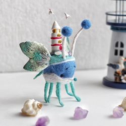 Cute miniature felted toy made of wool, little lighthouse for collectible and home decor, handmade fantasy figurine