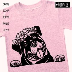 Rottweiler with flower crown svg Shirt Design for Cricut, Rottie face, Car Decal Clipart Vector Cut file Vinyl /156