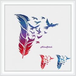 Cross stitch pattern Bird Feather silhouette Birds abstract blue red monochrome counted crossstitch pattern Download PDF