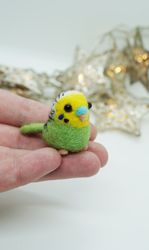 Miniature needle felted green budgie