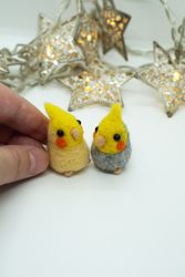 Pair of miniature needle felted cockatiels, gray and yellow cockatiels, miniature birds, ship from the USA