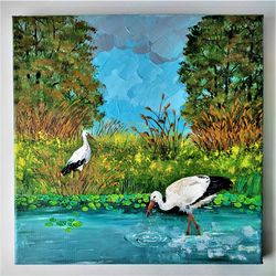 Landscape original painting, Storks impasto painting, Bird art wall decor, Nature palette knife painting