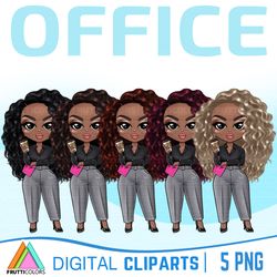 Office Clipart Bundle - African American Girl with Coffee PNG
