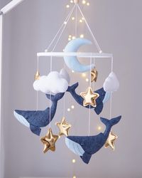 Whale and cloud mobile. Baby shower gift. Nursery decor