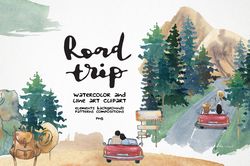 Road trip clipart, Watercolor car travel illustration, Mountain landscape background