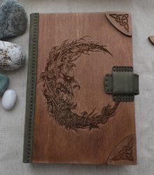 Evil moon book of shadows. Wooden cover grimoire. Spell book. Witch journal. Book of magic. Wiccan book.