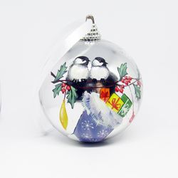 Hand Painted Christmas Decoration with Birds, Christmas Tree Ornament Silver
