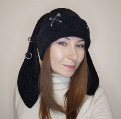 Bunny hat goth with long ears Black bunny beanie crochet Fluffy bunny hat adults Fleece lined hat