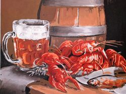 Vibrant Beer & Crayfish Acrylic Painting for Home Decor, Beer Party Still Life Art: Artistic Kitchen Decor Inspiration