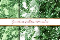 Christmas digital paper. Fir tree branch seamless patterns. Watercolor digital paper