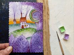Violet painting Landscape Original art Small Watercolor card Mini artwork by Rubinova