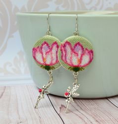 Pink flower embroidered earrings, Cross stitch nature jewelry with fairy charm, Dainty gift for her