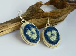 Wolf embroidered oval earrings, Cross stitch blue gray jewelry for animal lover, Handcrafted gift for woman