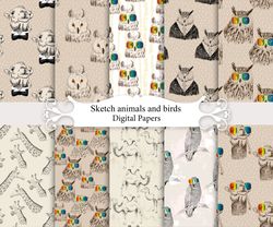 Animals papers, seamless patterns.