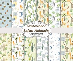 Watercolor Safari Animals, seamless patterns.