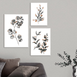 Gray Leaves Wall Art Set of 4, Grey Botanical Gallery Wall Art, Instant Download Plant Print, Beige Silver
