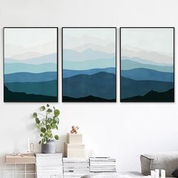 Mountains Abstract Set Of 3 Prints Navy Blue Wall Art Downloadable Art Modern Triptych Mountain Painting Bedroom Decor